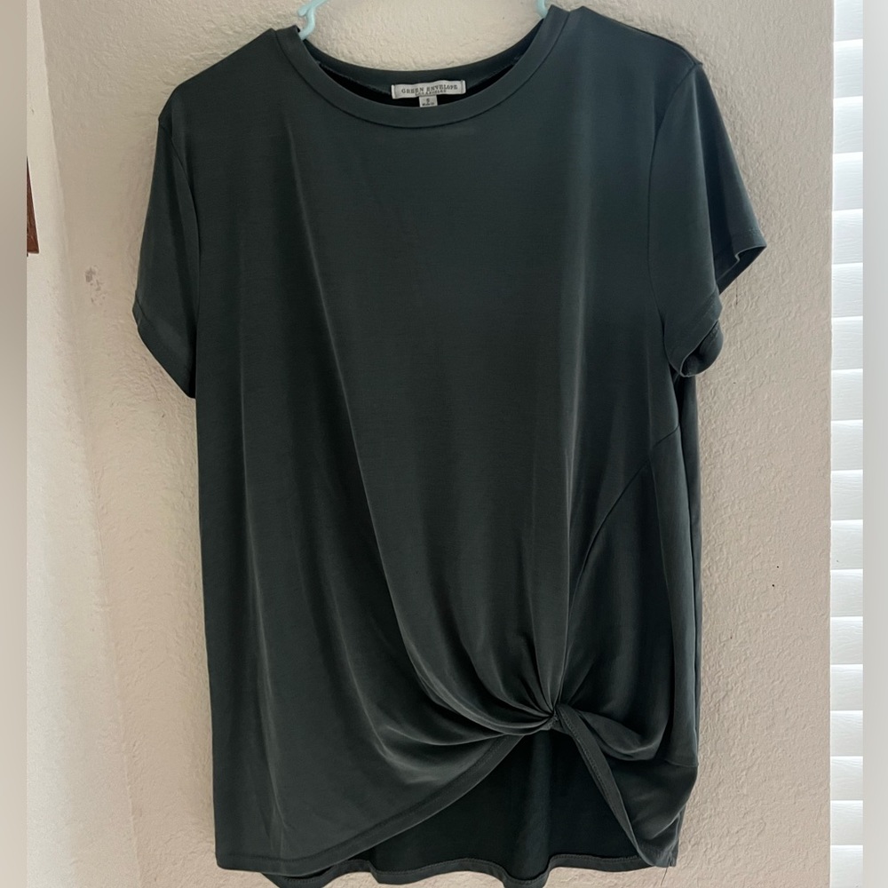 blue/green blouse with front twist